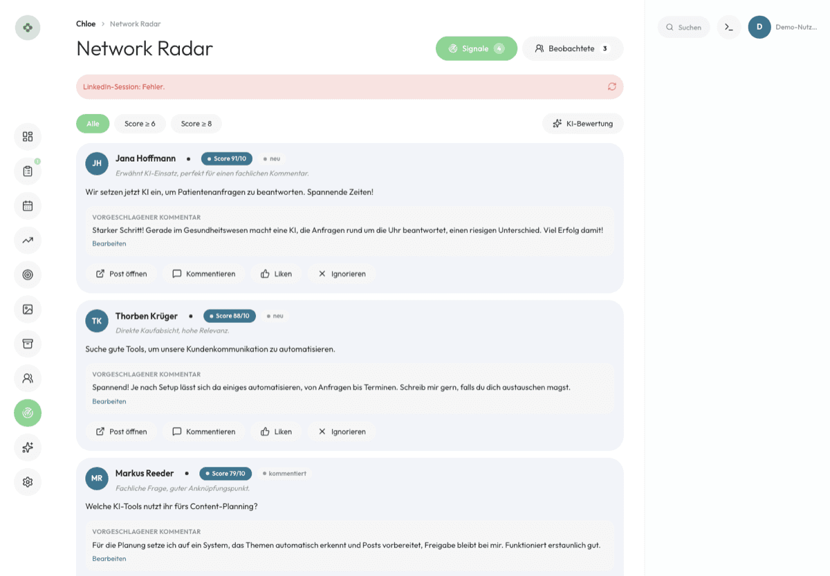 Chloe Network Radar mit vorbereiteten Kommentaren